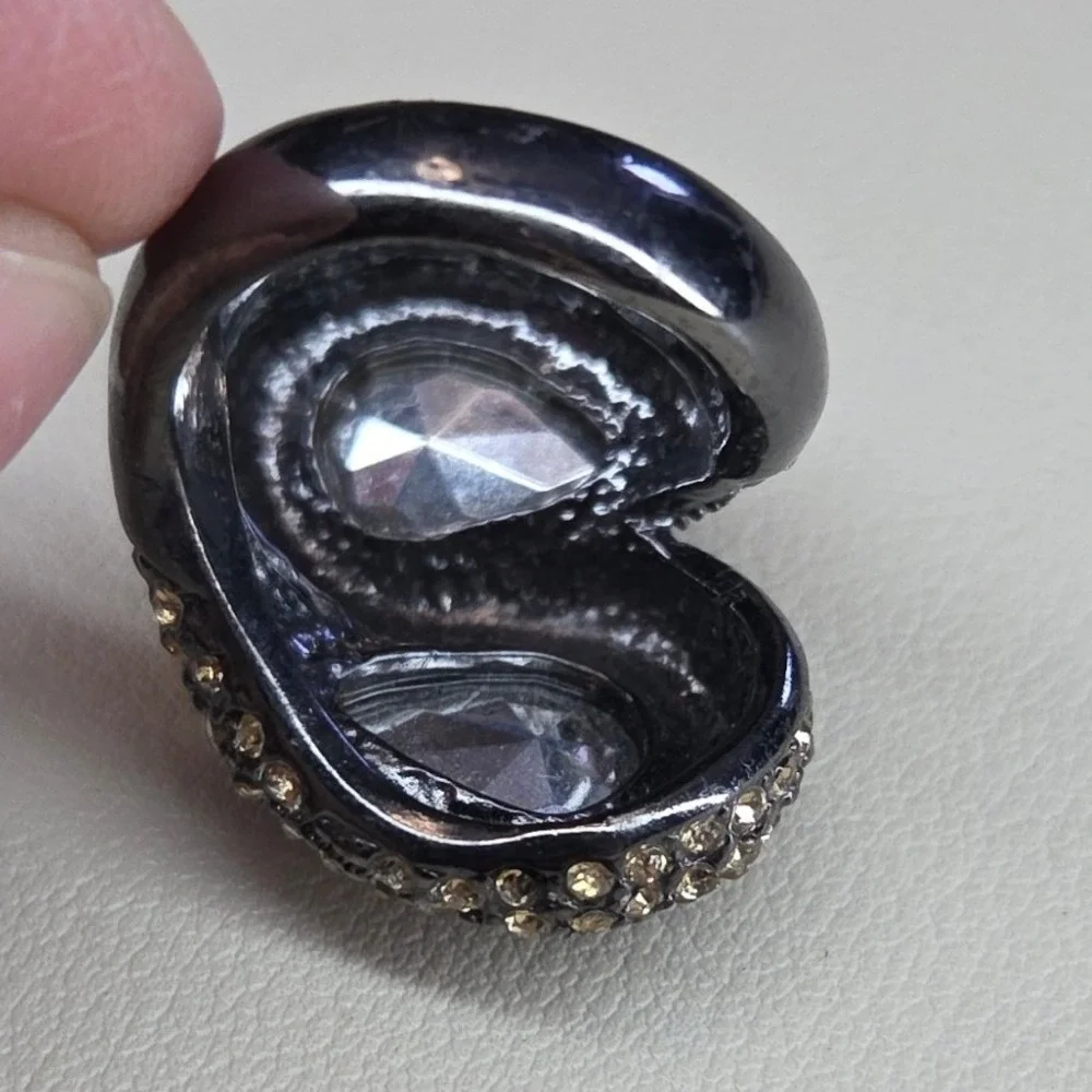 Amber Pear Crystal Bypass Cocktail Ring‎ Gunmetal Tone Pave Rhinestone Size 7.5